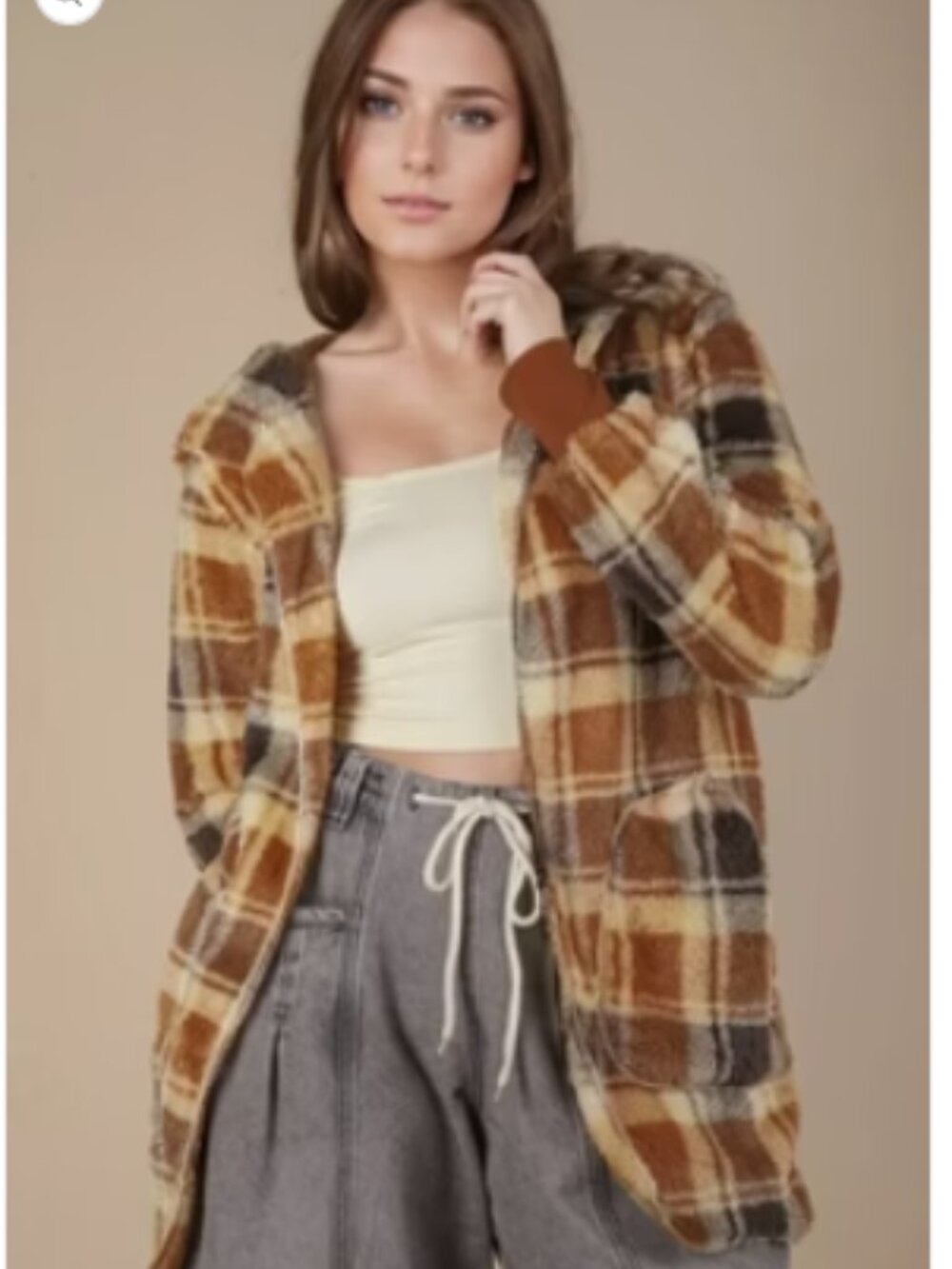 New In Camel Mix Plaid Sherpa Hooded Shacket Jacket Size S NWT